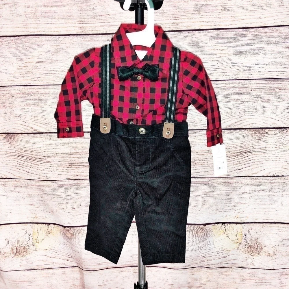 NWT Carters 3 piece holiday outfit Black and Red Buffalo Check Size 3M